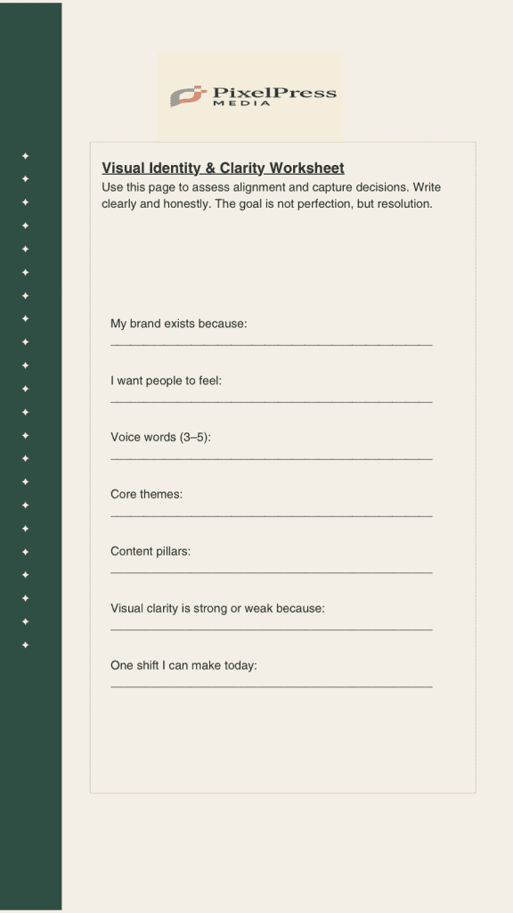 Visual Identity and Brand Strategy Worksheet for founders to define brand voice and content pillars.